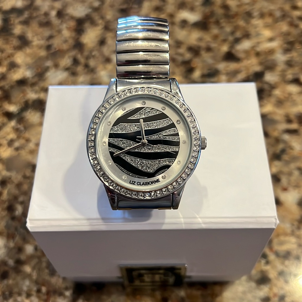 Liz Claiborne Women's Watch With Silver Band And Black Dial